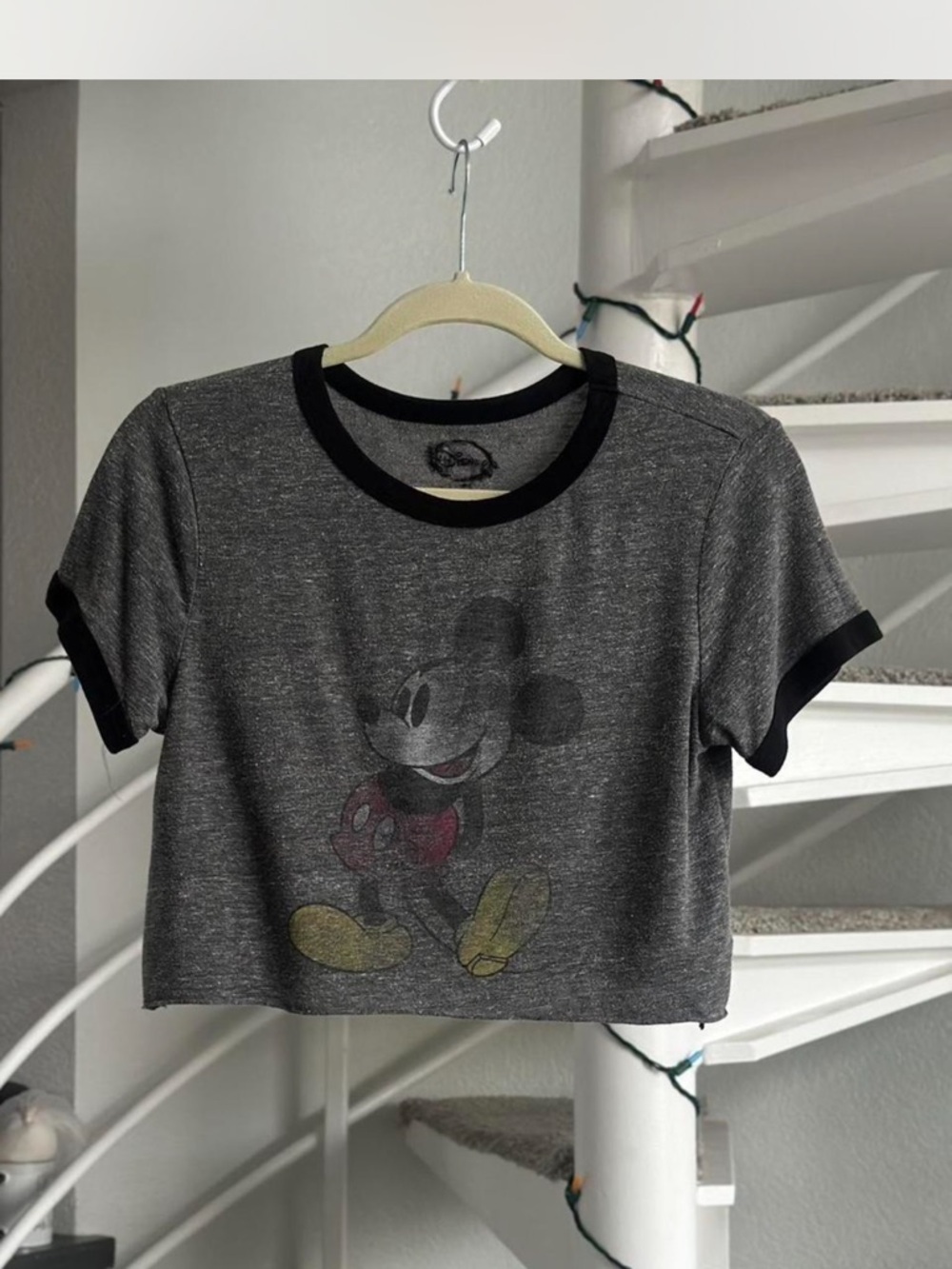 Disney Gray Heather Ringer Mickey Mouse Crop Tee